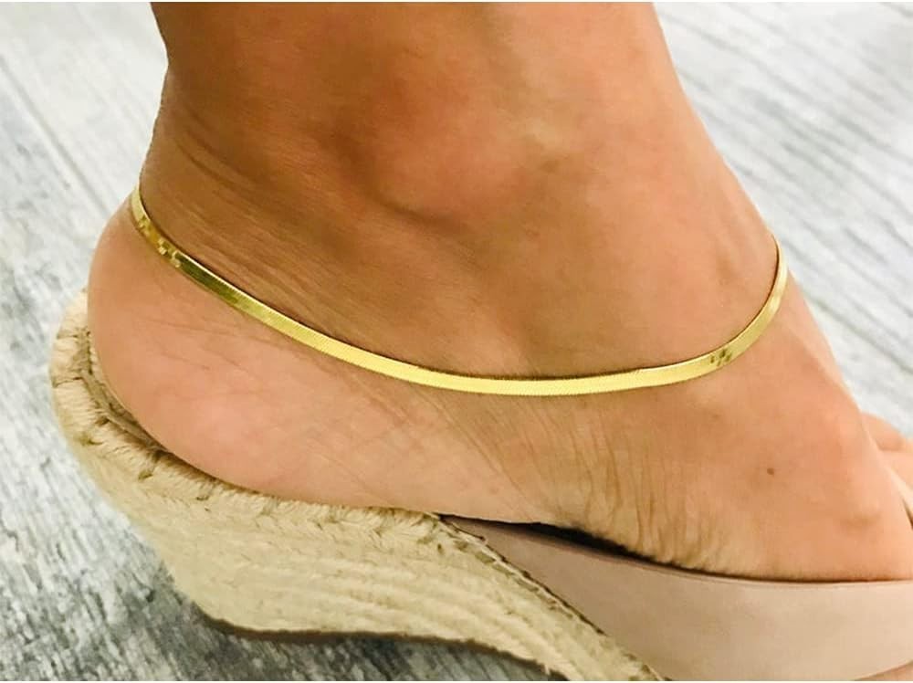 Exquisite 4mm Herringbone Anklet – Perfectly Plated in 14K Gold, Gift-Ready
