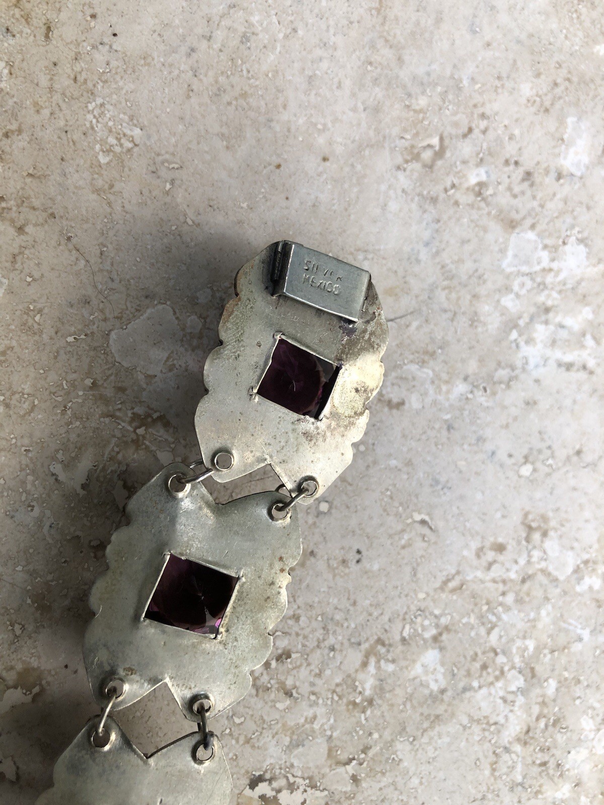 🌟🍇Vintage MEXICO STERLING SILVER Purple Color Stones STATEMENT PANEL Bracelet
