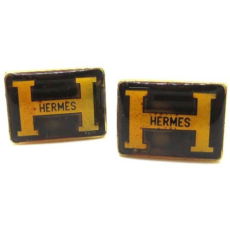 HERMES H Logo Square Cufflinks Gold Vintage Mens Luxury French Jewelry