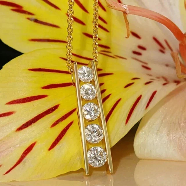 2Ct Round Cut Real Moissanite 5-Stone Journey Bar Pendant 14K Yellow Gold Plated