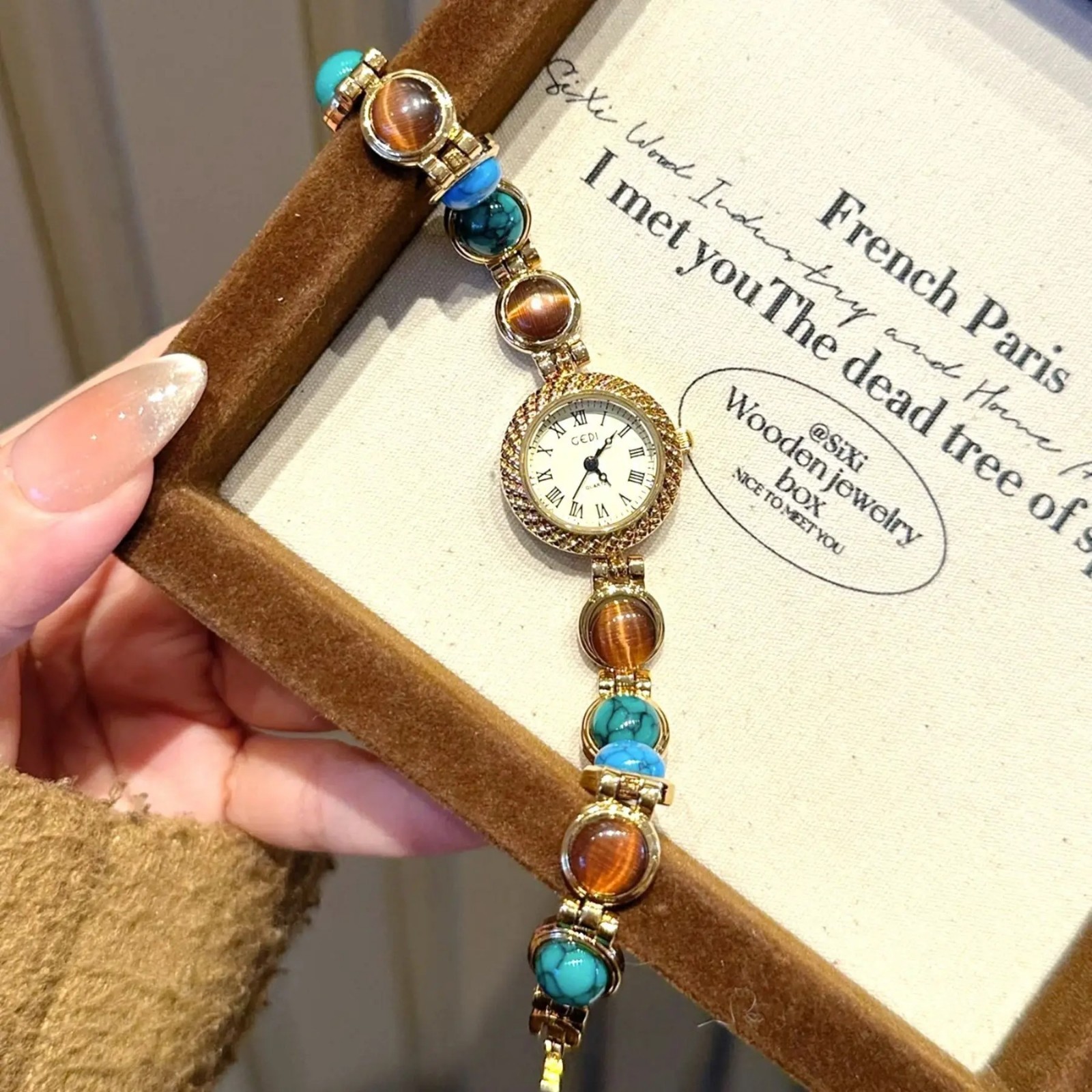 Women’s Gold Watch Vintage Brown Jade Bracelet Small Dial Quartz Daily Wear Part