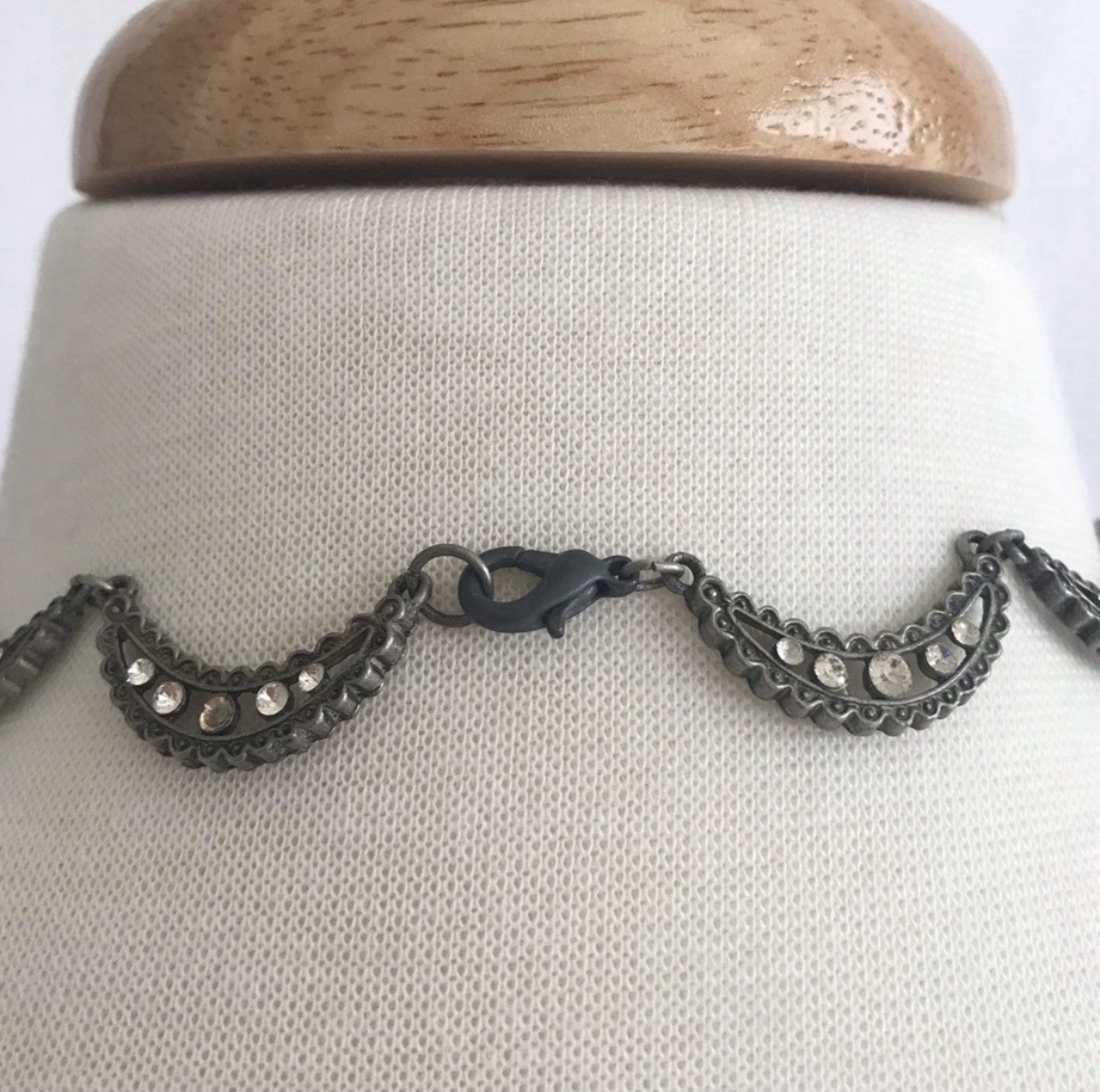 Vintage Crescent Scallop Necklace Iridescent Rhinestone Crystals Pewter Gunmetal