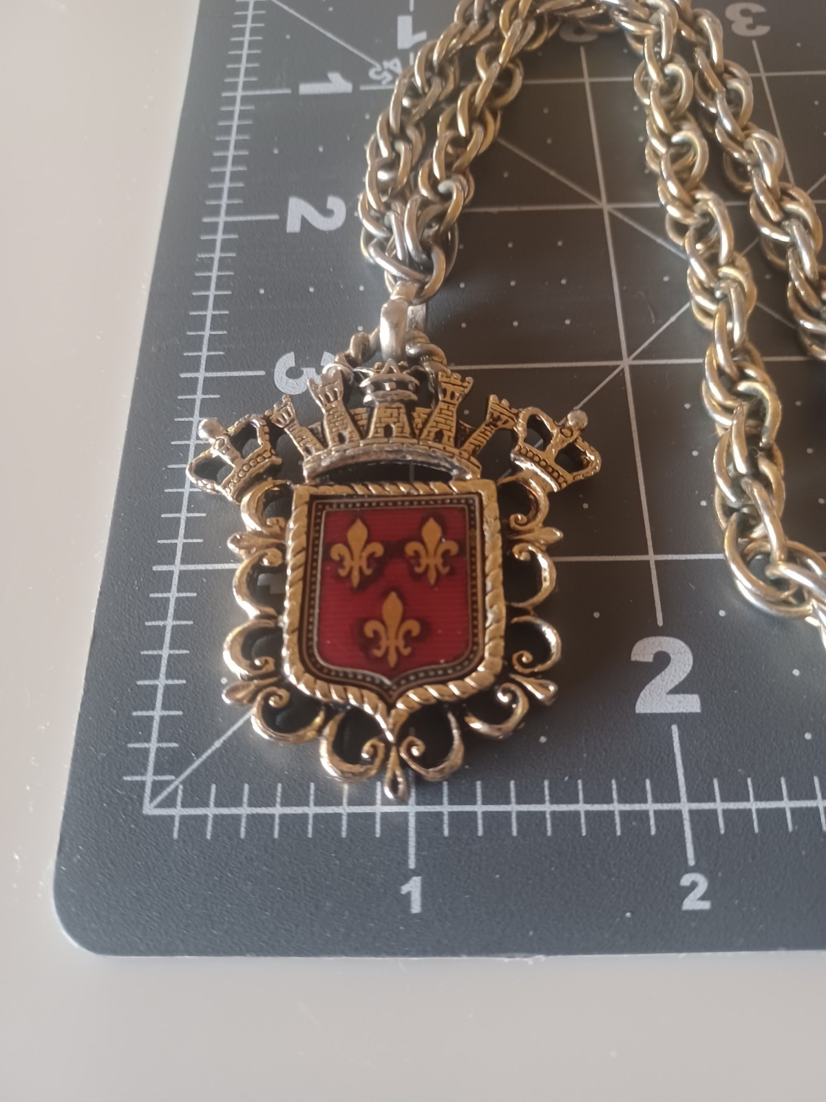 Vintage Fleur-De-Lis Necklace Earrings Medallion Coat of Arms Eagle Crown