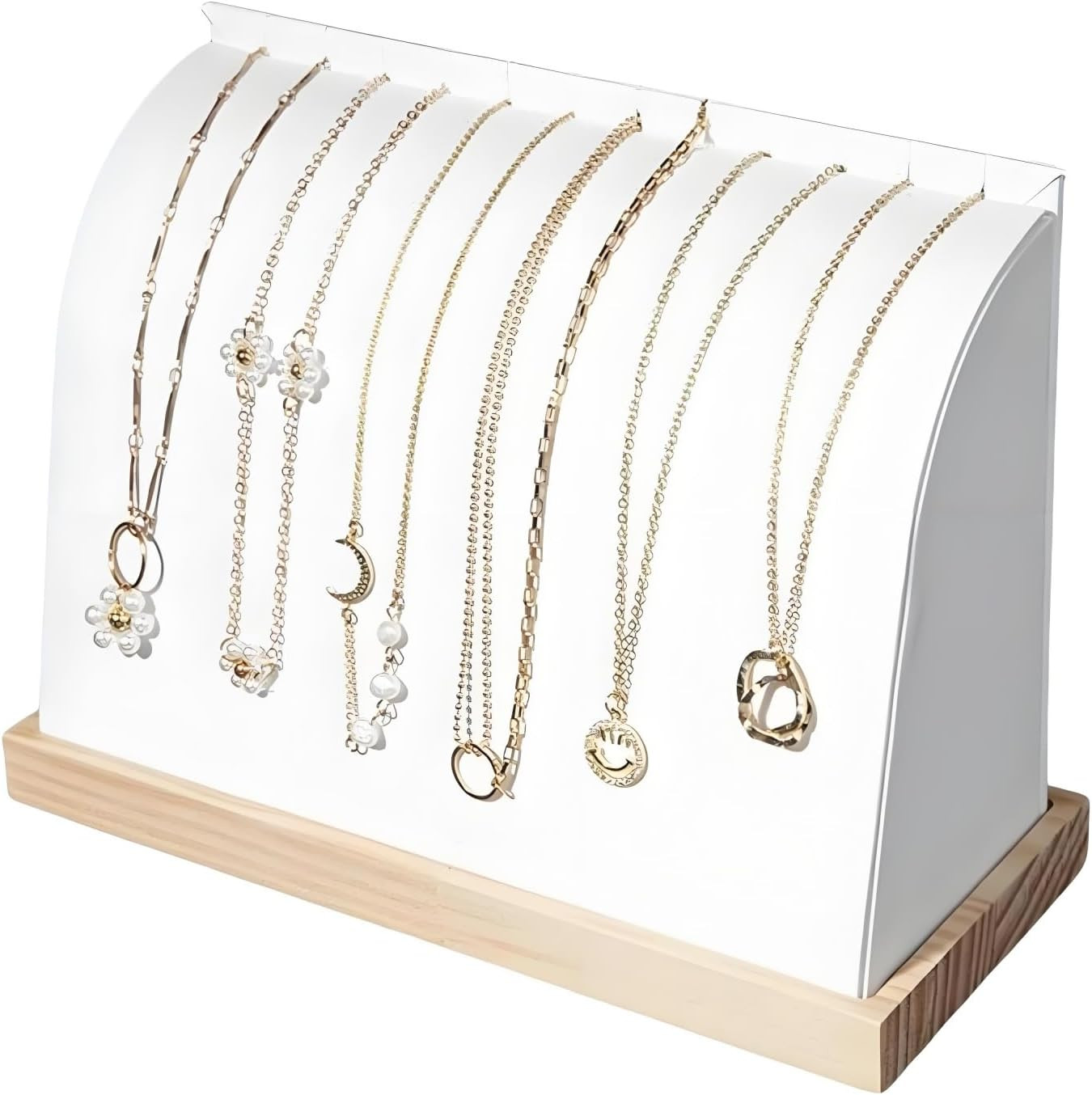 Cambered Wood Necklace Display Stand White Leather Mat for Retail Store | Wooden