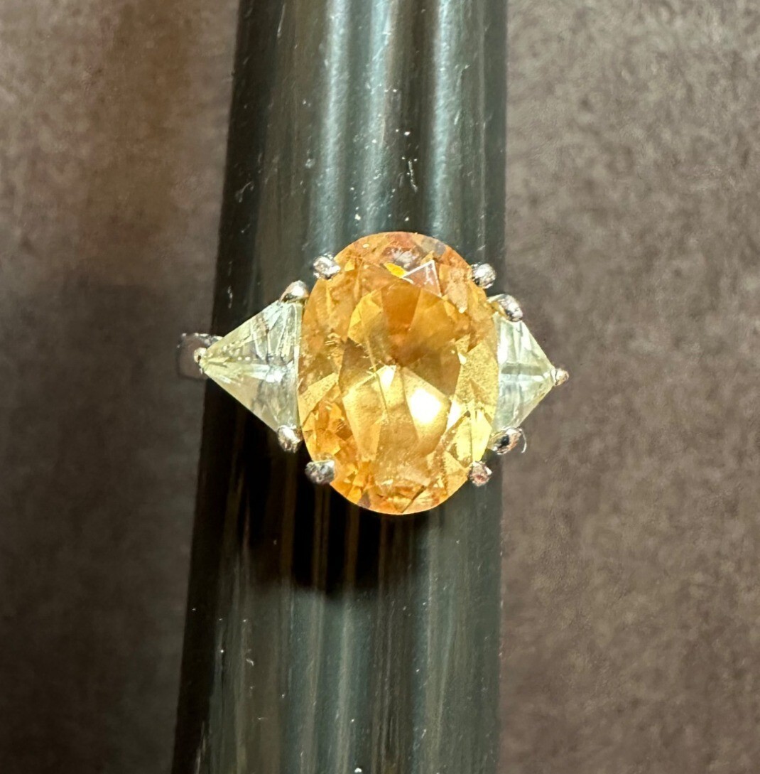Faux Oval Yellow Citrine & Clear Trillion CZ Ring Size 9 Silvertone