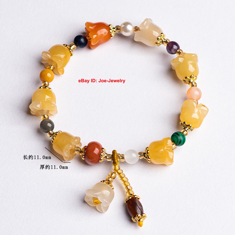 NEW Natural Chinese Jinsi Yu Jade Yellow Orchid Bead Stretch Bracelet 14-16cm