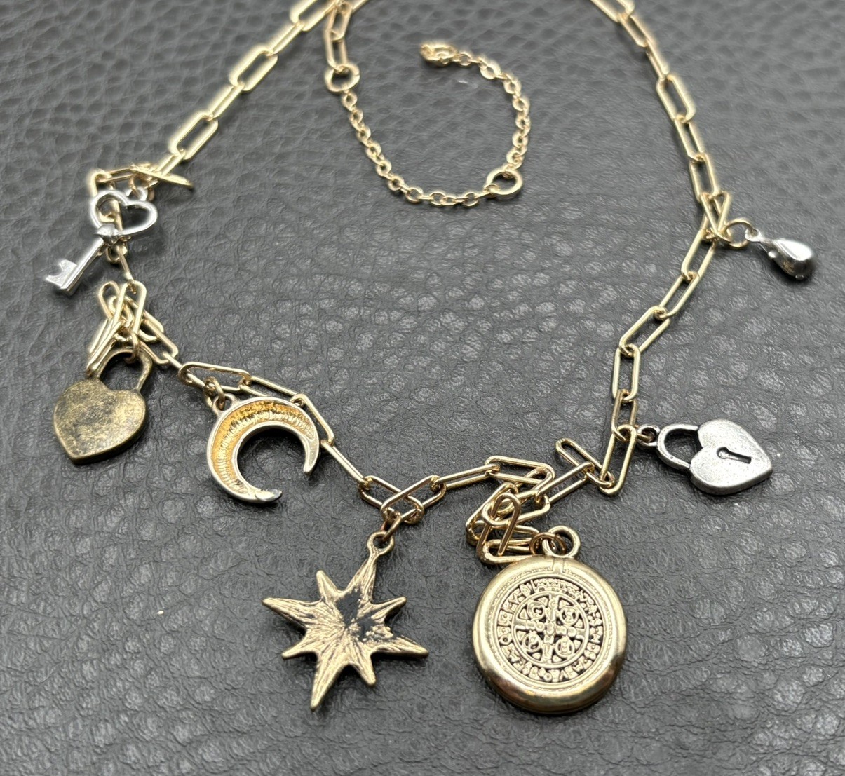 Saint Medal Celestial Moon Star Heart Lock Charm Necklace Catholic Pendant Chain