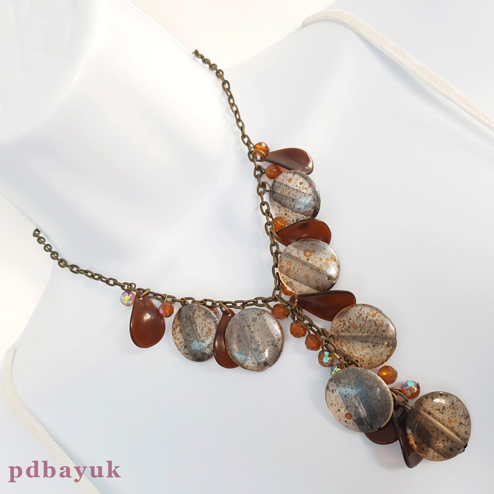 Retro Vintage Style Brown Clear Bead Cluster Boho Necklace 35.5cm 14″ UK ~1725