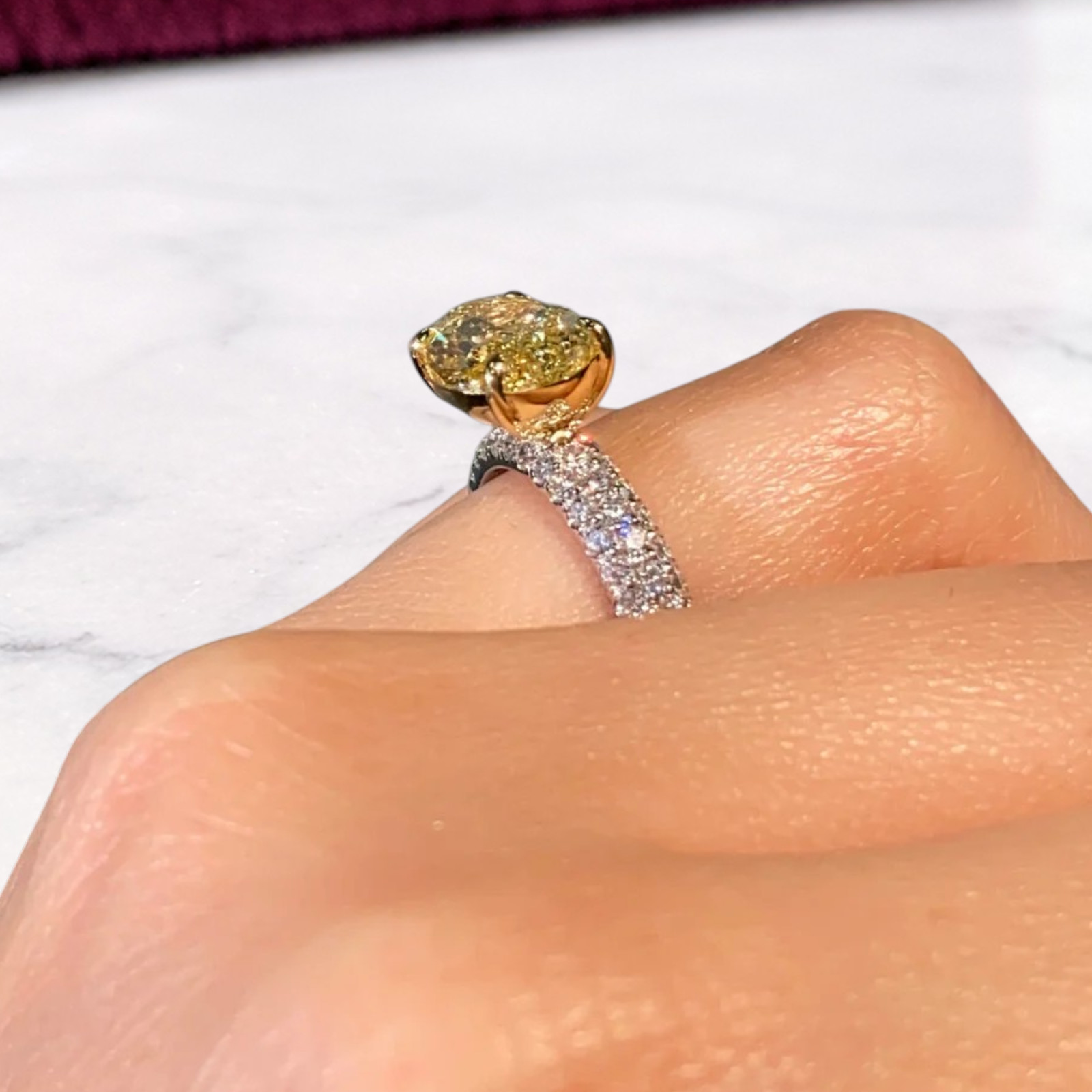 14K Multi Gold Diamond Ring Fancy Vivid Yellow IGI Lab Created 5.40 CT Oval Cut