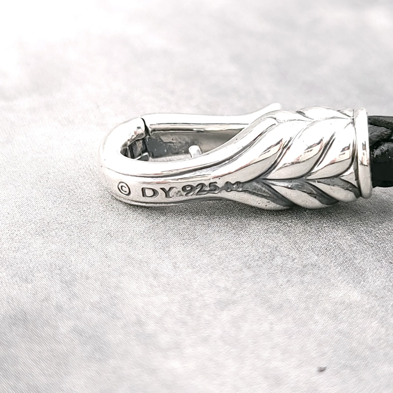 David Yurman Mens 6mm Black Leather Chevron Bracelet Sterling Silver 8 Inch