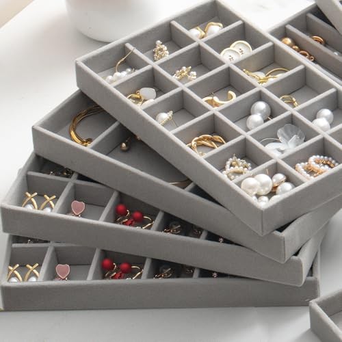 SPAKOWN Jewelry Organizer for Drawer Set of 9, Velvet Jewelry Tray Grey