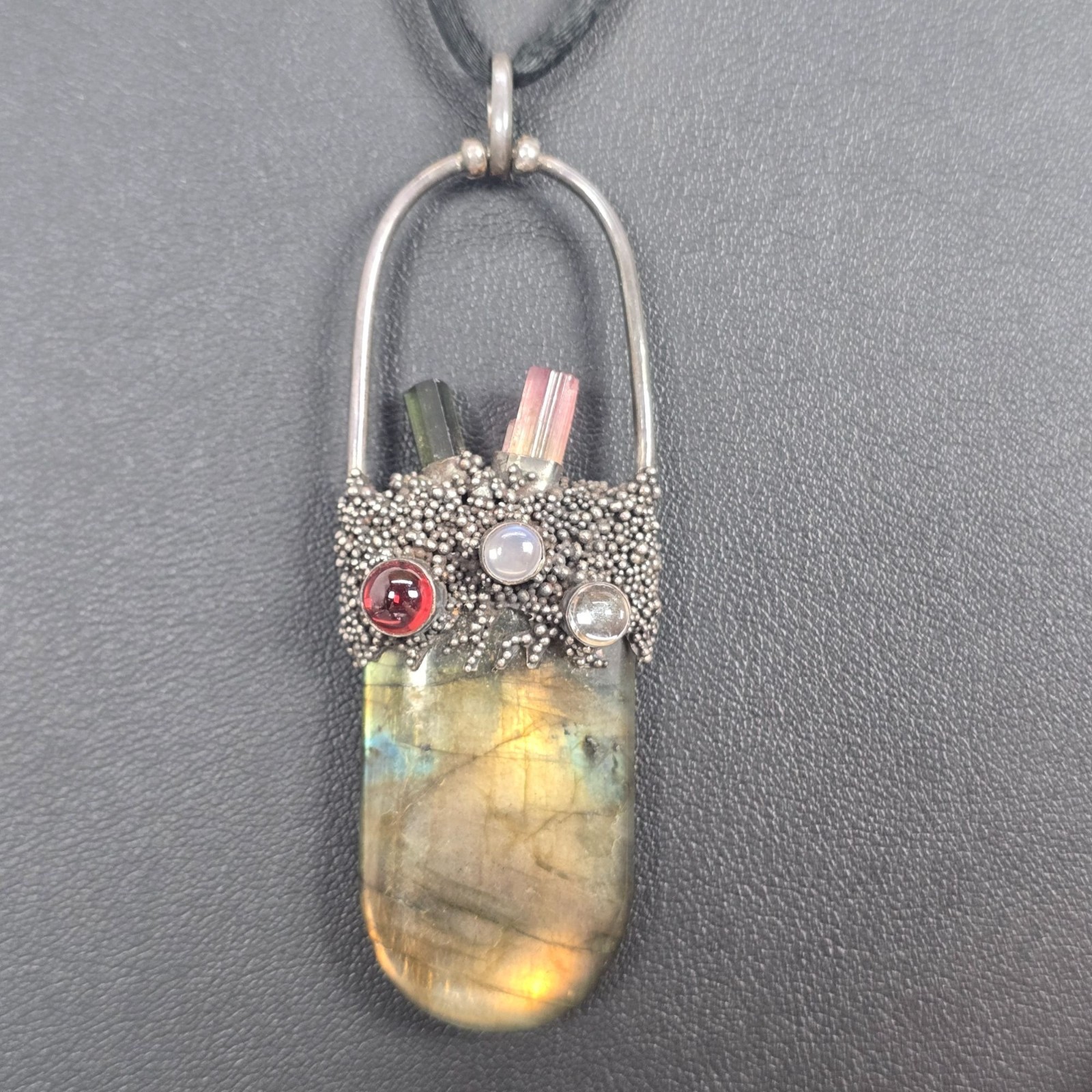 Cool Artisan Labradorite Tourmaline Garnet Moonstone Pendant Sterling Silver