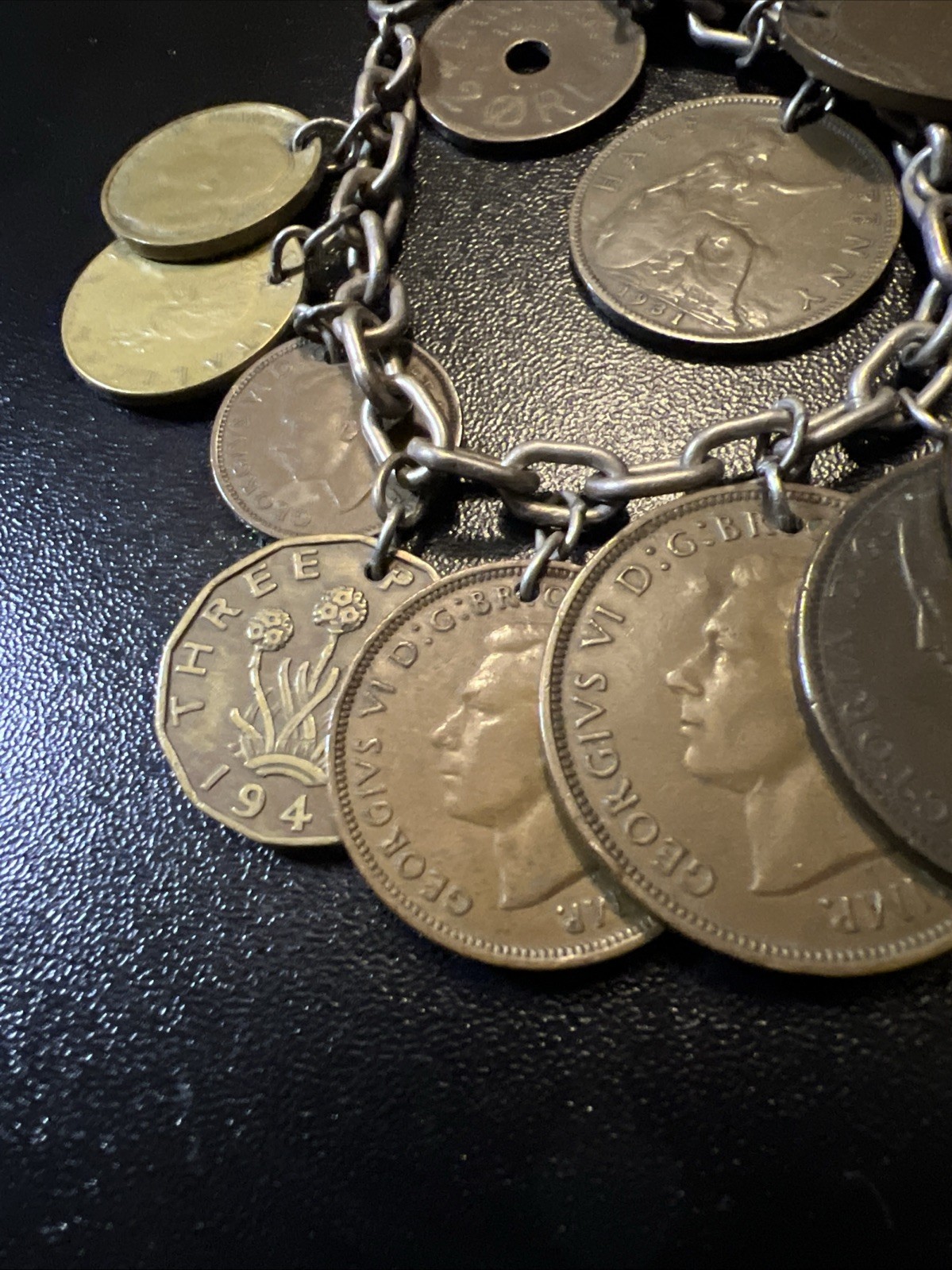 Vintage 835 Continental Silver Coin Charm Bracelet Travel World Coins European