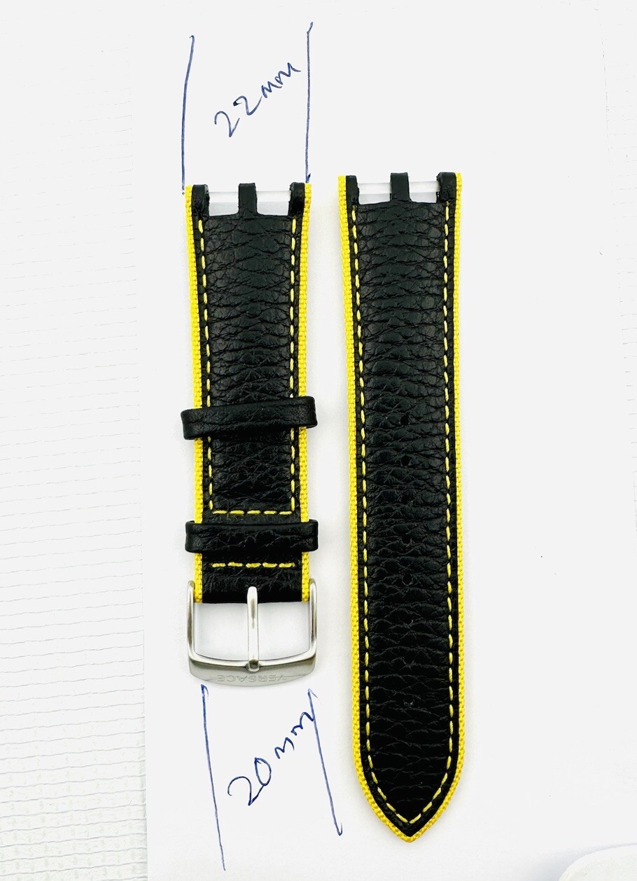 VERSACE WATCH STRAP , VAH , BLACK + YELLOW STITCHING YELLOW , TONGUE BUCKLE
