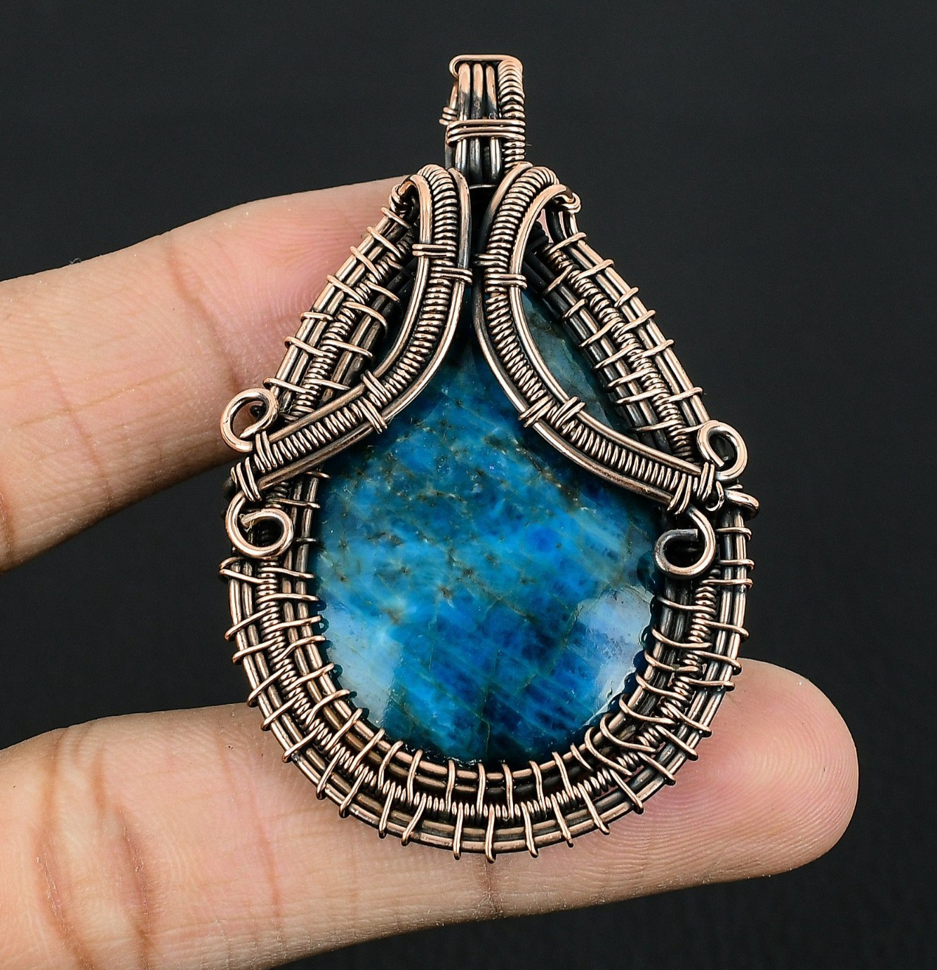 Neon Blue Apatite Handmade Gemstones Copper Wire Wrap Beautiful Pendant Jewelry