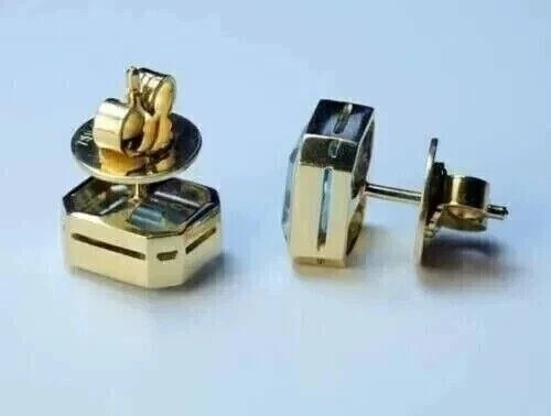 3Ct Emerald Cut Simulated Aquamarine Stud Earrings 14K Yellow Gold Plated