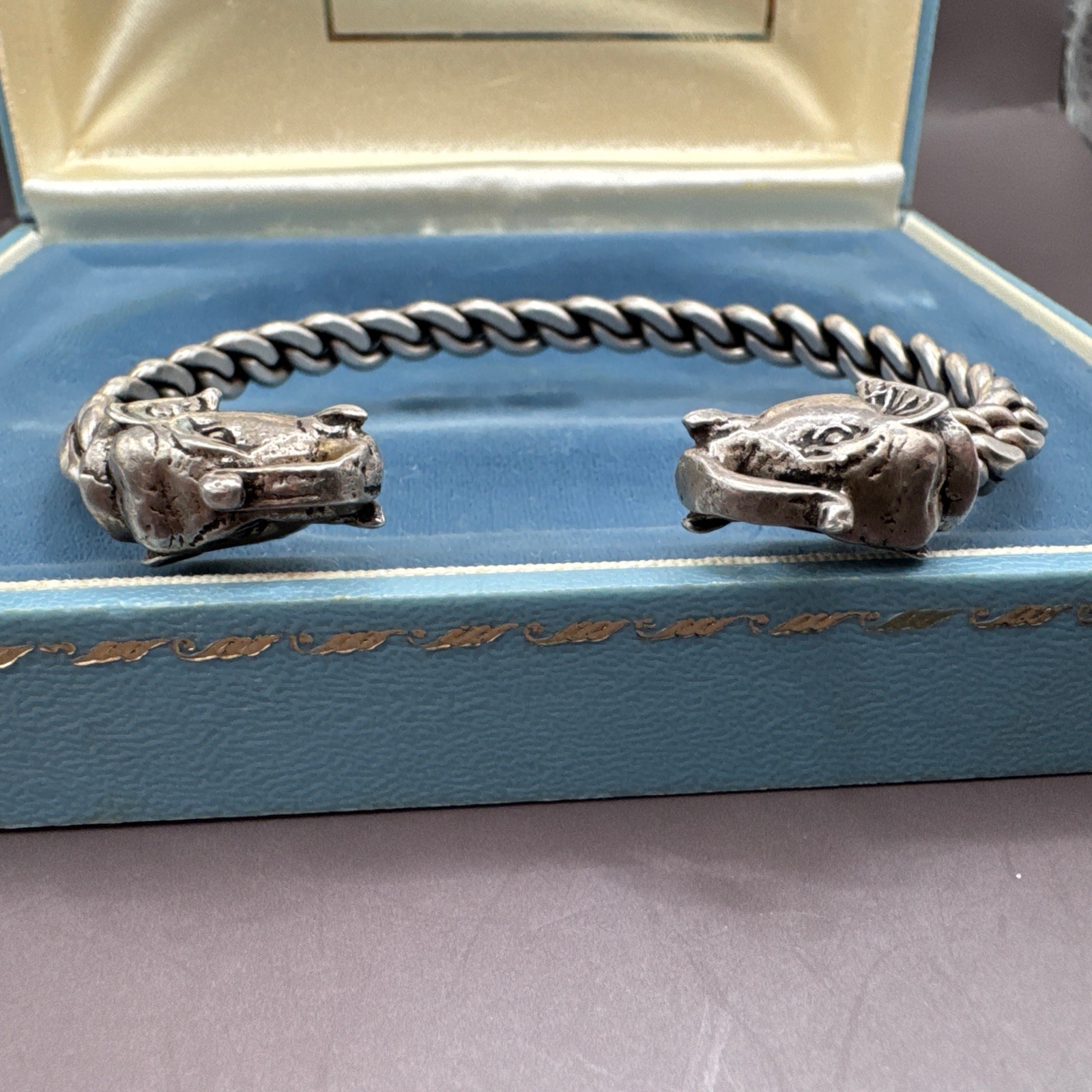 Sterling Silver Elephant Head Cuff Bracelet Open Ended Braided Bangle 39 grams