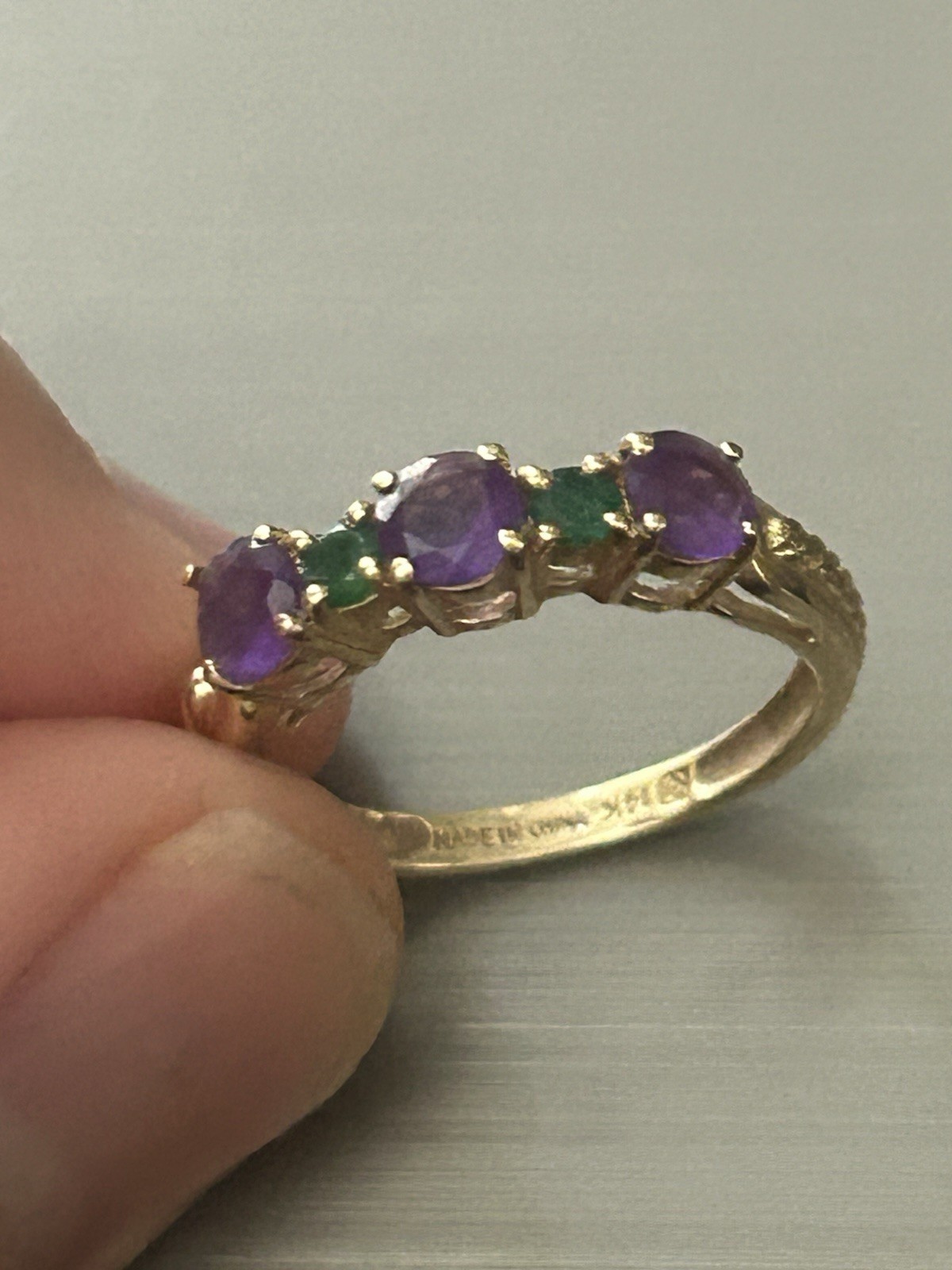 Solid 14k Gold Amethyst Green Onyx Gemstone Ring Size 5.75 2.4 Grams