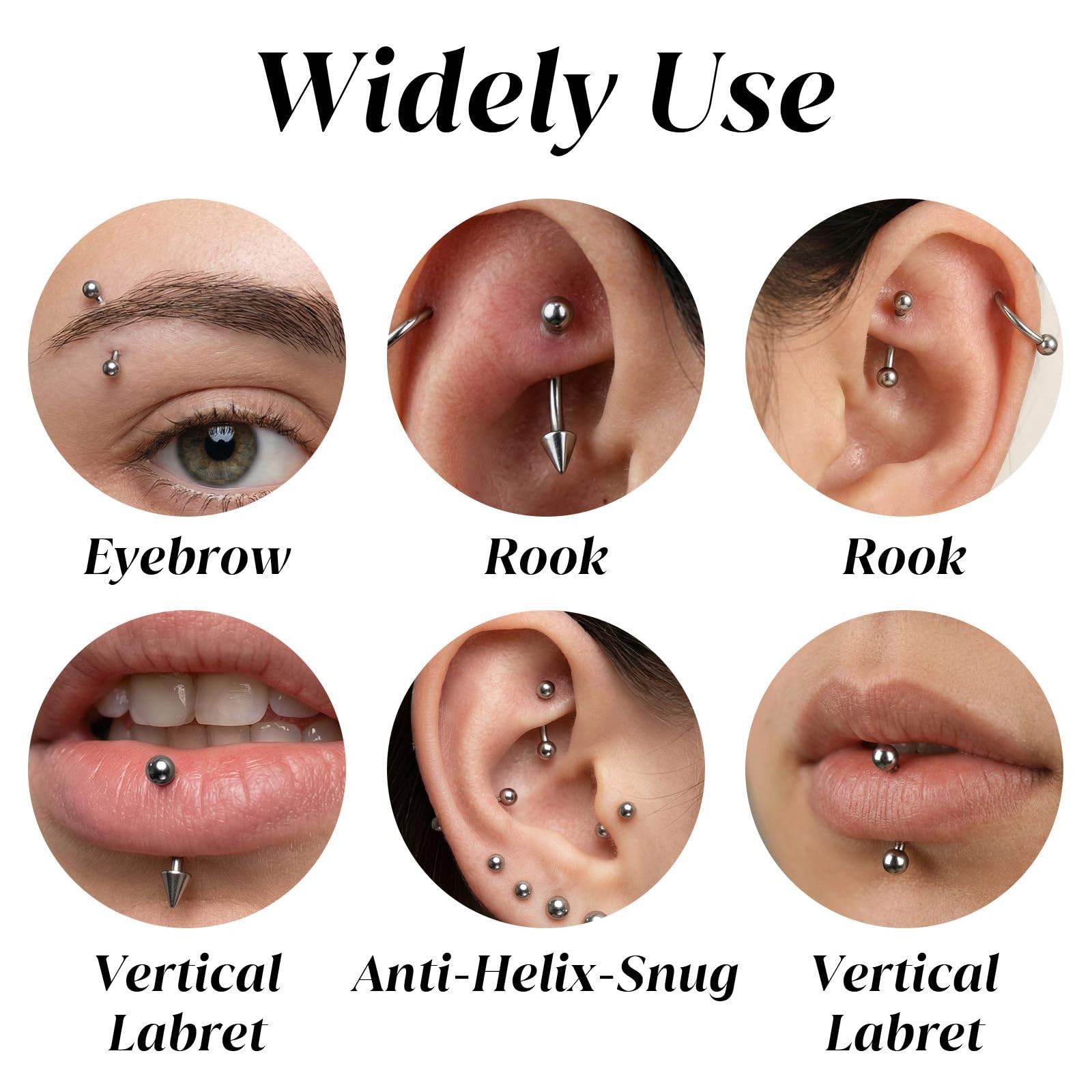 HaiFafafaing 16 Pcs Eyebrow Piercing 6mm, 8mm, 10mm, 12mm, Steel Color