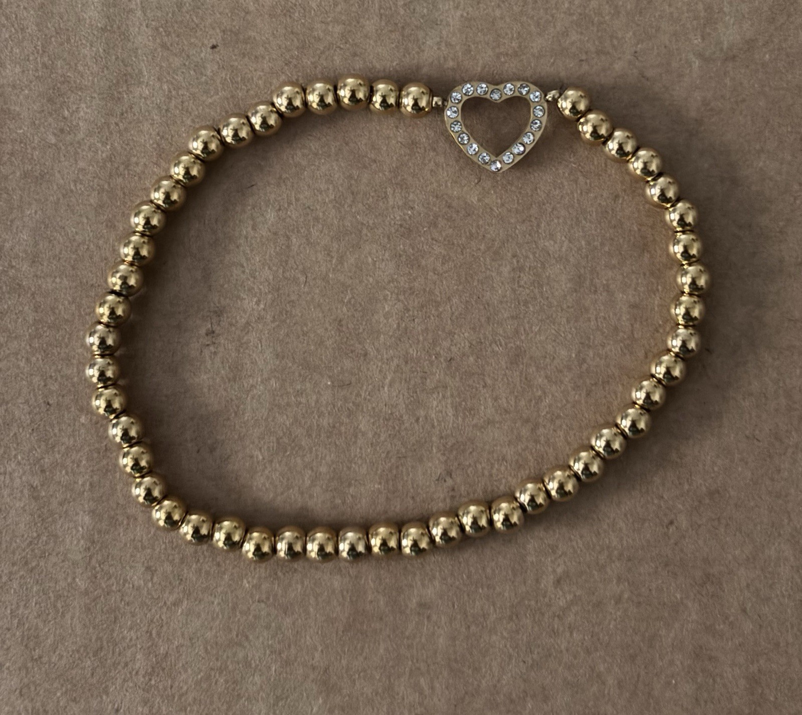 18k PVD Gold Stainless Steel Beaded Bracelet with Open Heart And Clear Stones