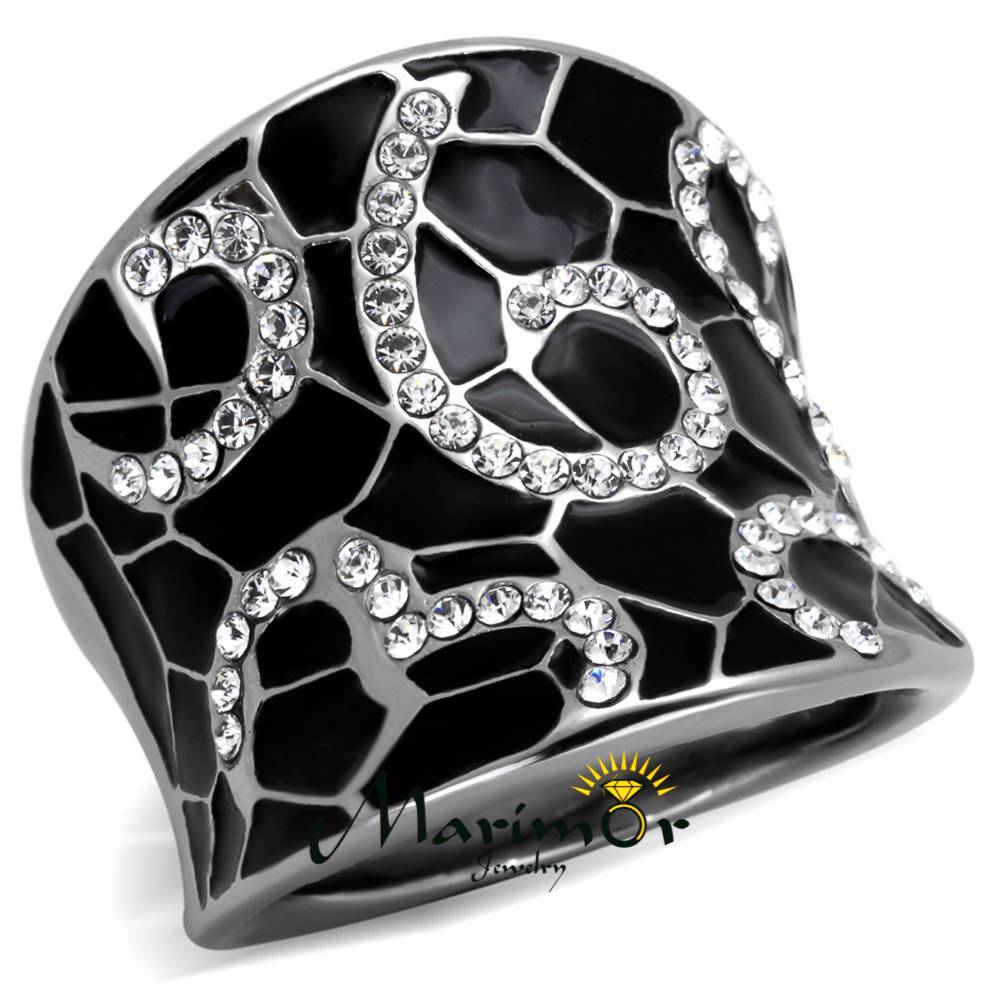 Black Epoxy & Stainless Steel 316 Crystal Cocktail Fashion Ring Womens Size 5-10