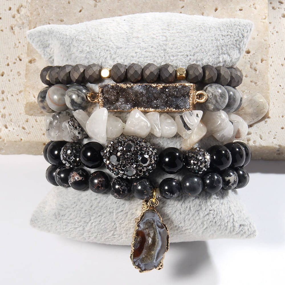 5Pcs Boho Natural Stone Beaded Stretch Bracelet Set Turquoise Crystal Jewelry