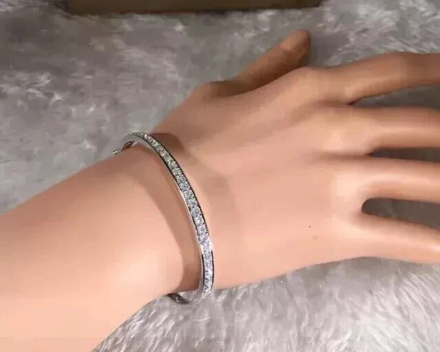 Real Moissanite 6.00CT Round Cut Bangle Bracelet 14K White Gold Plated Silver