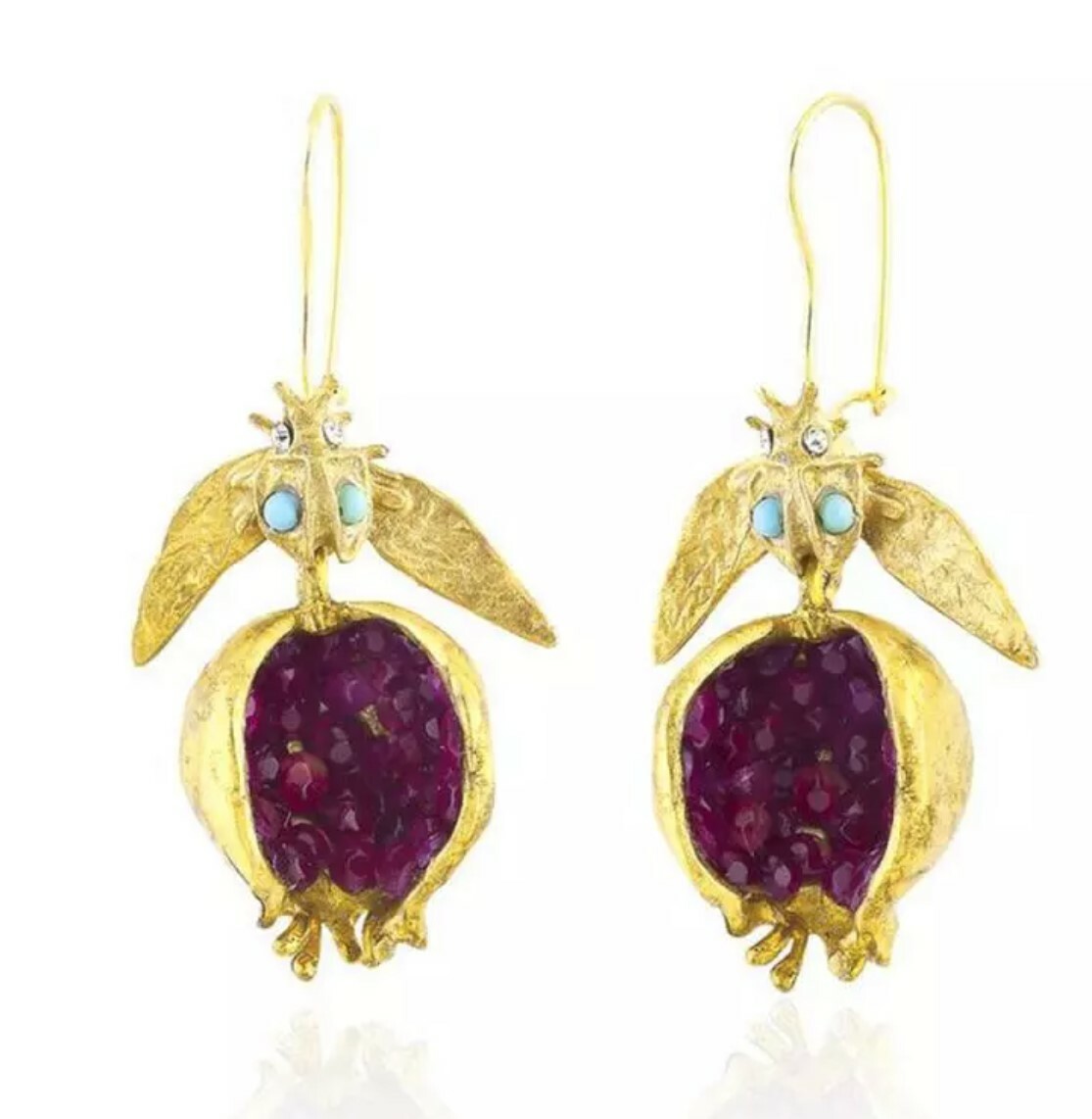 Alloy Gold Color Pomegranate Dangle Earrings with red and blue stones -1 pair