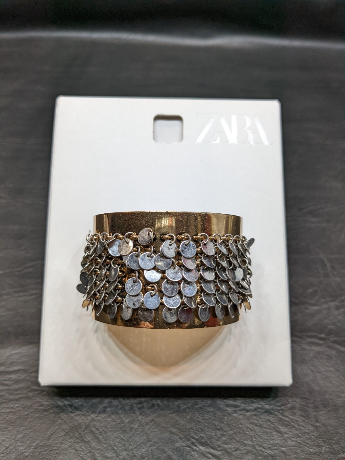 Zara Gold & Silver Tone Wide Cuff Bracelet Silver Disc Fringe Statement 7.0″ New