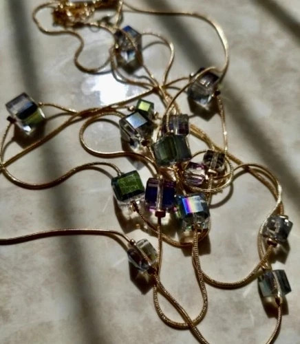 14k Gold Plated Long Sweater Necklace Made Simulated Diamond Aurora Borealis