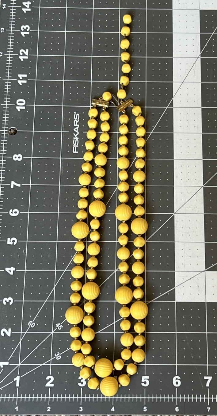 Vintage 2 Strand Yellow Beaded Necklace Textured Retro MCM Casual Woman’s 20″