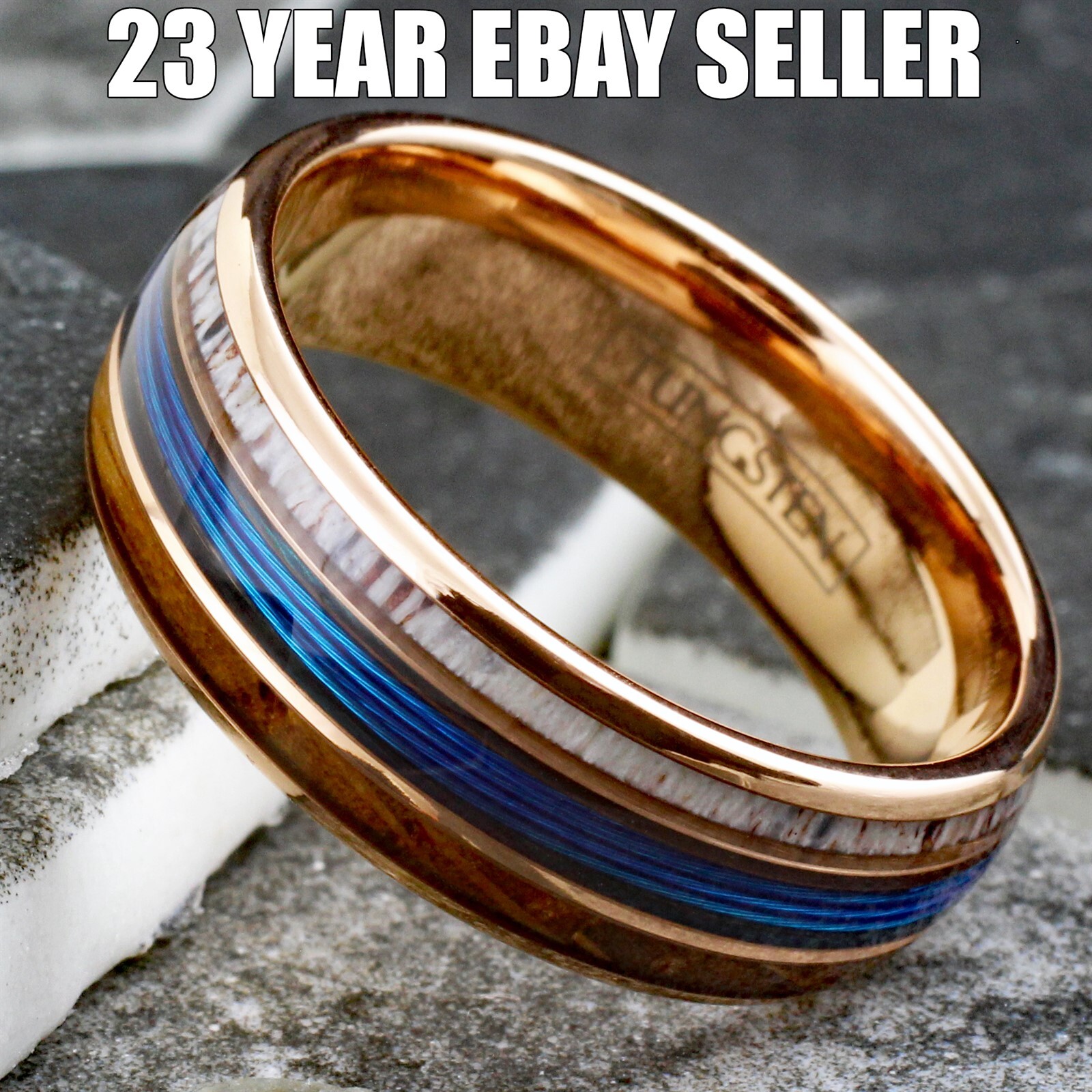 Personalized Tungsten Blue Fishing Line-Whiskey Barrel-Deer Antler Band Ring