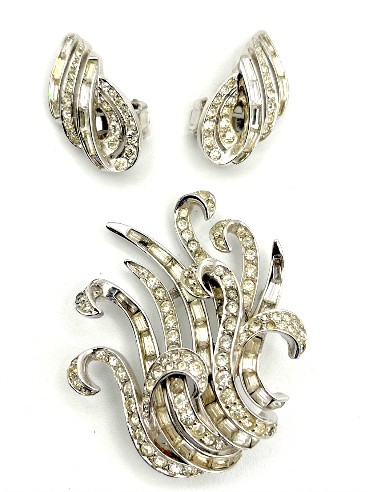 Vintage Marcel Boucher Art Deco Style Baguette Rhinestone Brooch & Clip Earrings