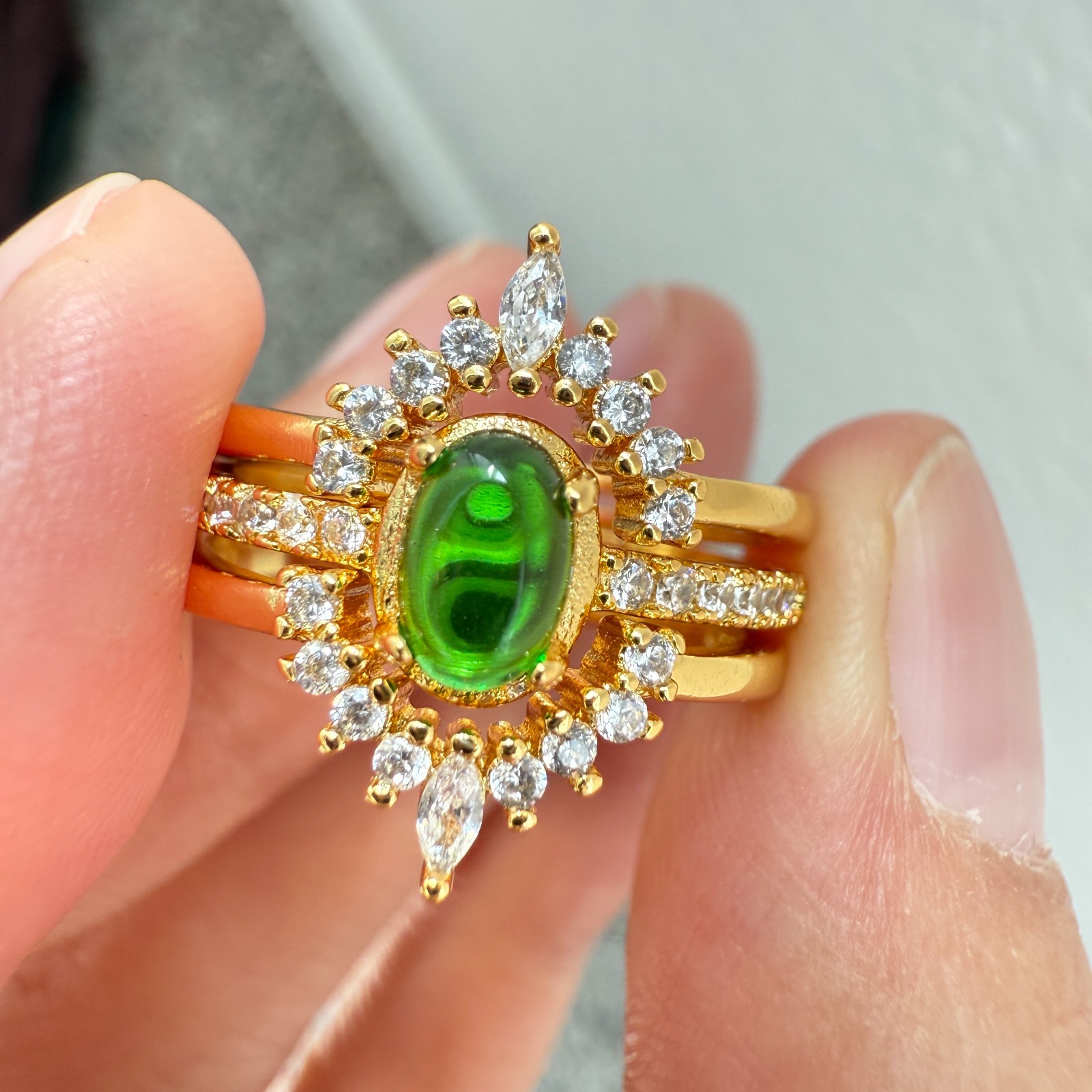 925 Sterling Silver Ring 3in1 6x4mm Green Natural Emerald Gemstone Zircon Flower