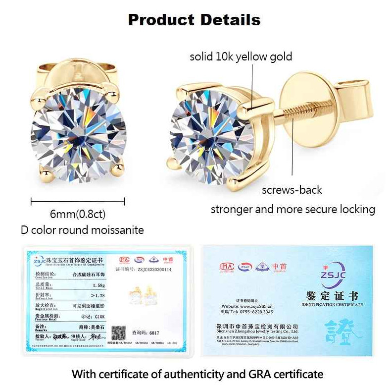 Solid 10K Yellow Gold 0.1CT-2CT D-E Moissanite Stud Earrings Screw Back Women’s