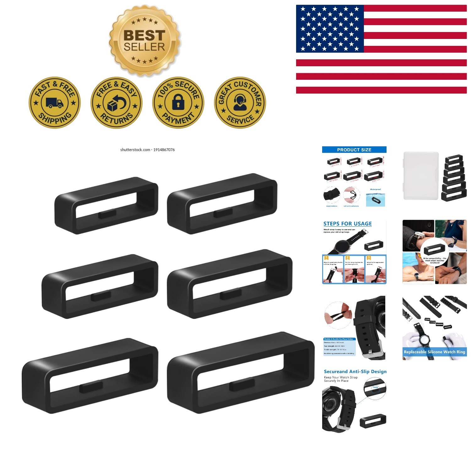 Flexible Black Watch Strap Loops (6-Piece Set) – Sizes 16mm to 26mm for Easy Fit