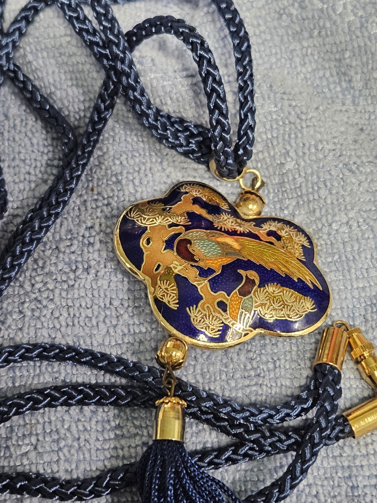 Vintage Cloisonne Gold Tone Peacock Pendant & Necklace 24″ Double Cord