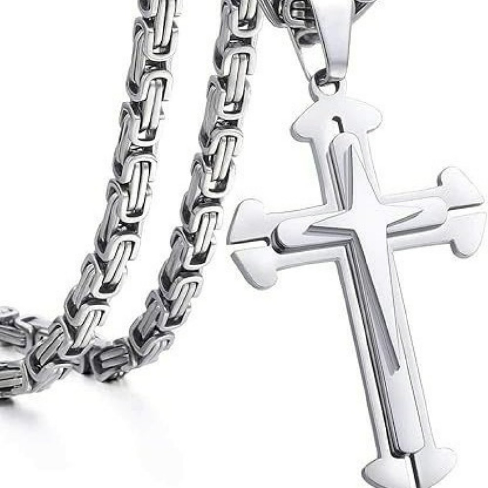 Men’s Heavy Solid Christian Cross Pendant Necklace Three Layer Stainless Steel