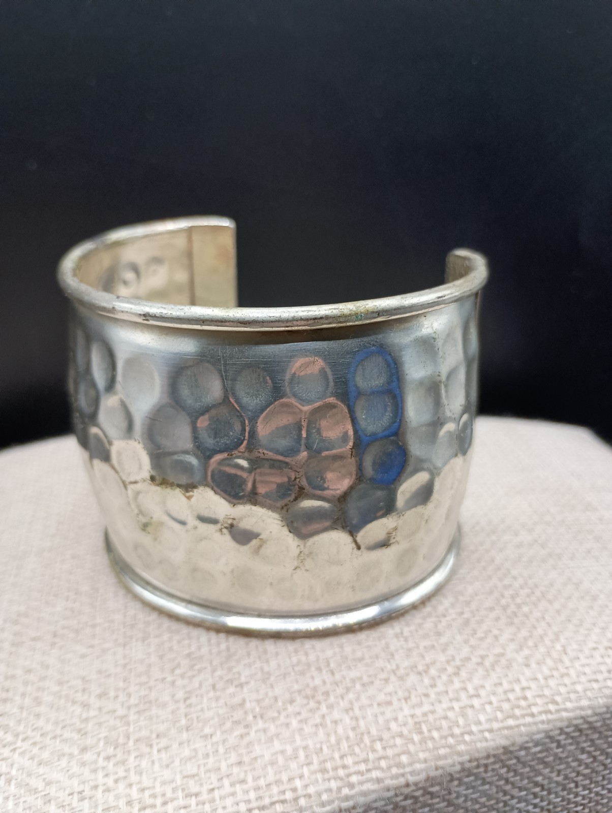 Mens Cuff Bracelet Hammered Silver Tone Open Bangle Wide 2.25” Size 7-9 Adjusts