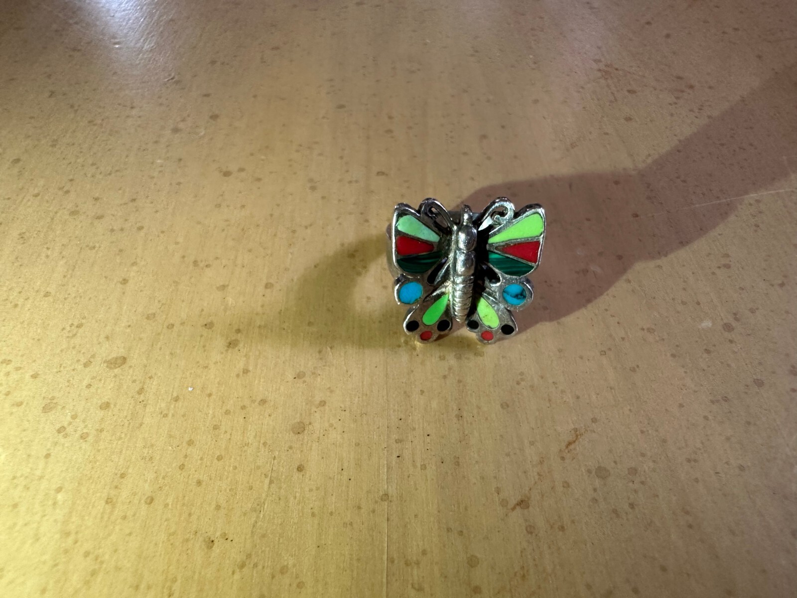 STERLING SILVER BLUE TURQUOISE CORAL MALACHITE ONYX INLAY BUTTERFLY 6.00 G RARE