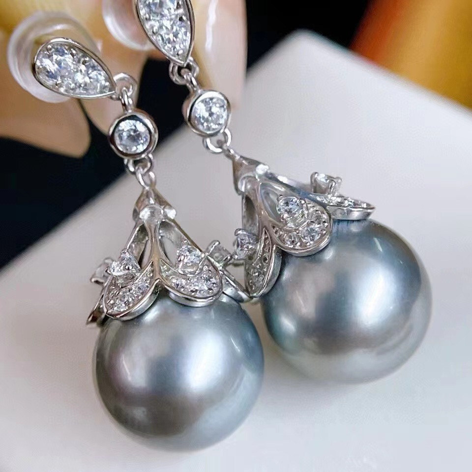 Pair of 11-12mm natural south sea genuine silver gray round pearl earring 6638