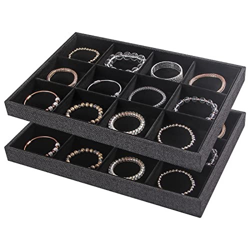 2Pcs 12 Grids Stackable Jewelry Organizer 12 Grid Tray + 12 Grid Tray Black