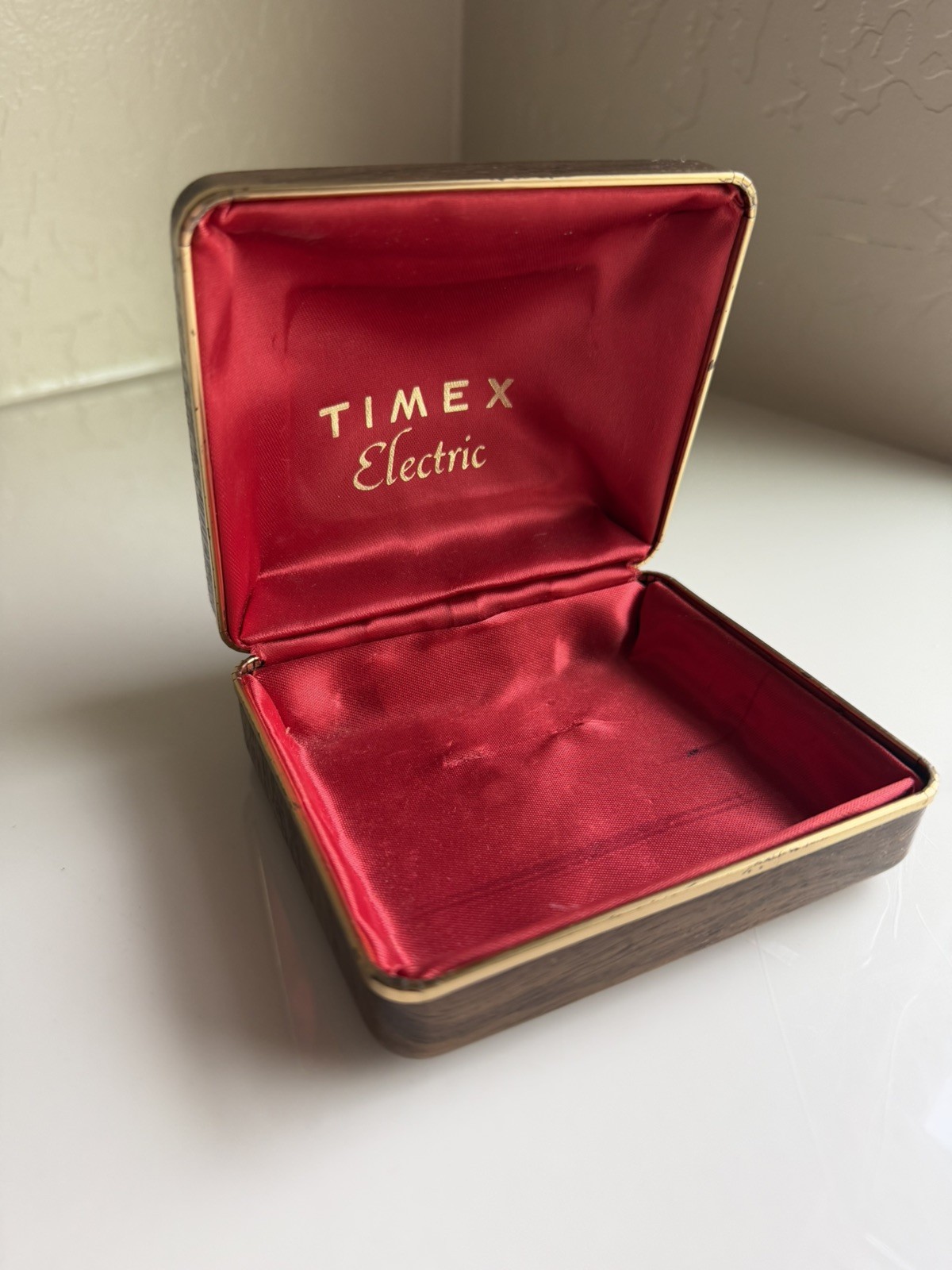 Vintage TIMEX Electric Watch Presentation Box Wood Grain Red Liner Papers Tag
