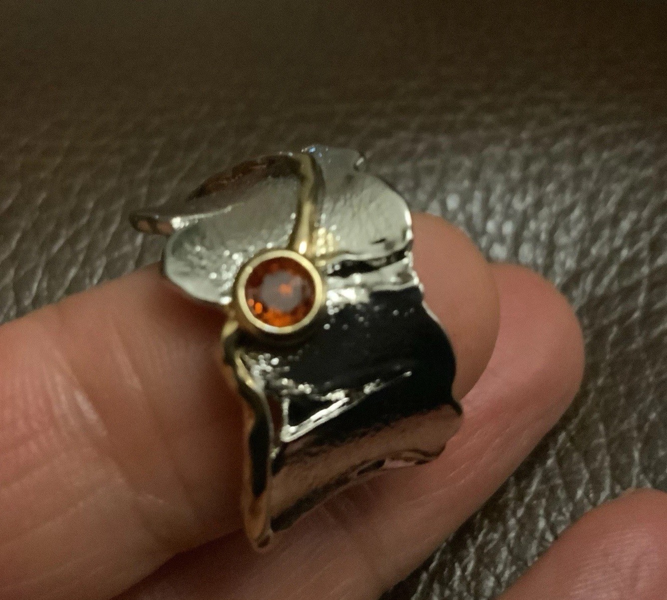 Silver Gold Garnet Ring Sz 7 Sundance Catalog Style Brutalist Artisan Boho CZ