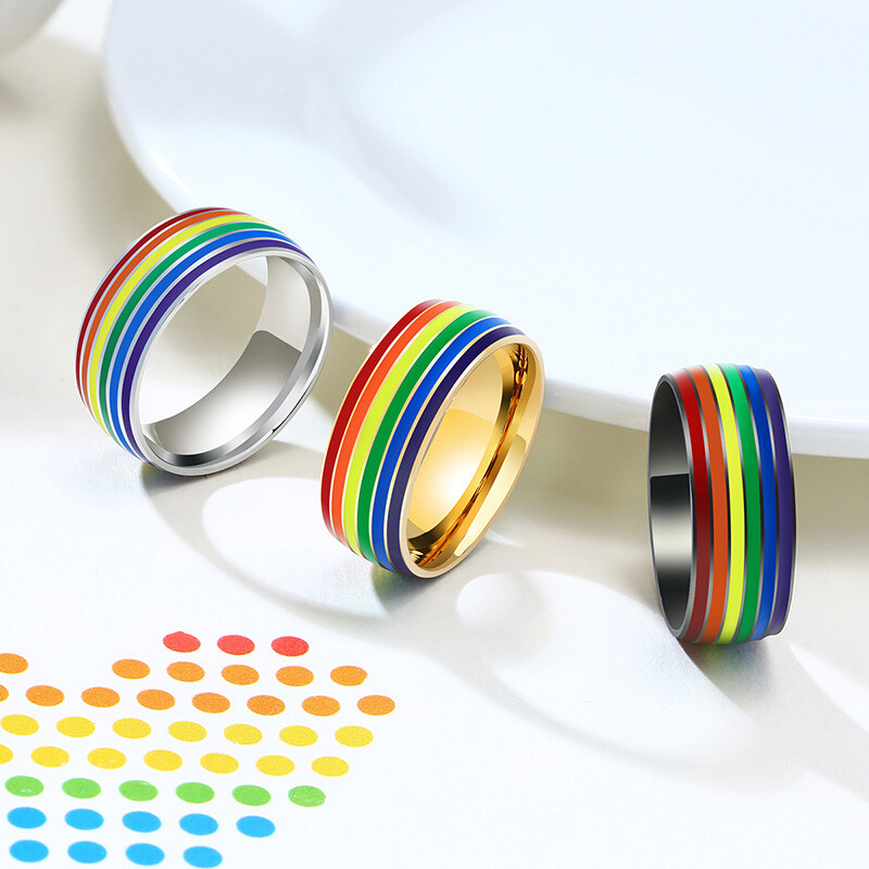 8mm Rainbow Color Love Gay Pride Lesbian Men’s Ring Stainless Steel Striped Band