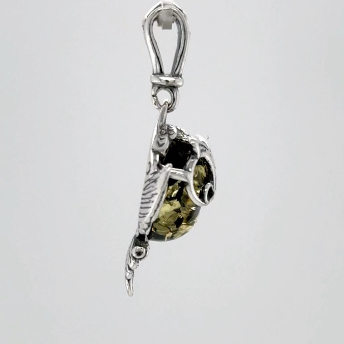Green BALTIC AMBER Smart Owl Pendant 925 STERLING SILVER Poland #3512e
