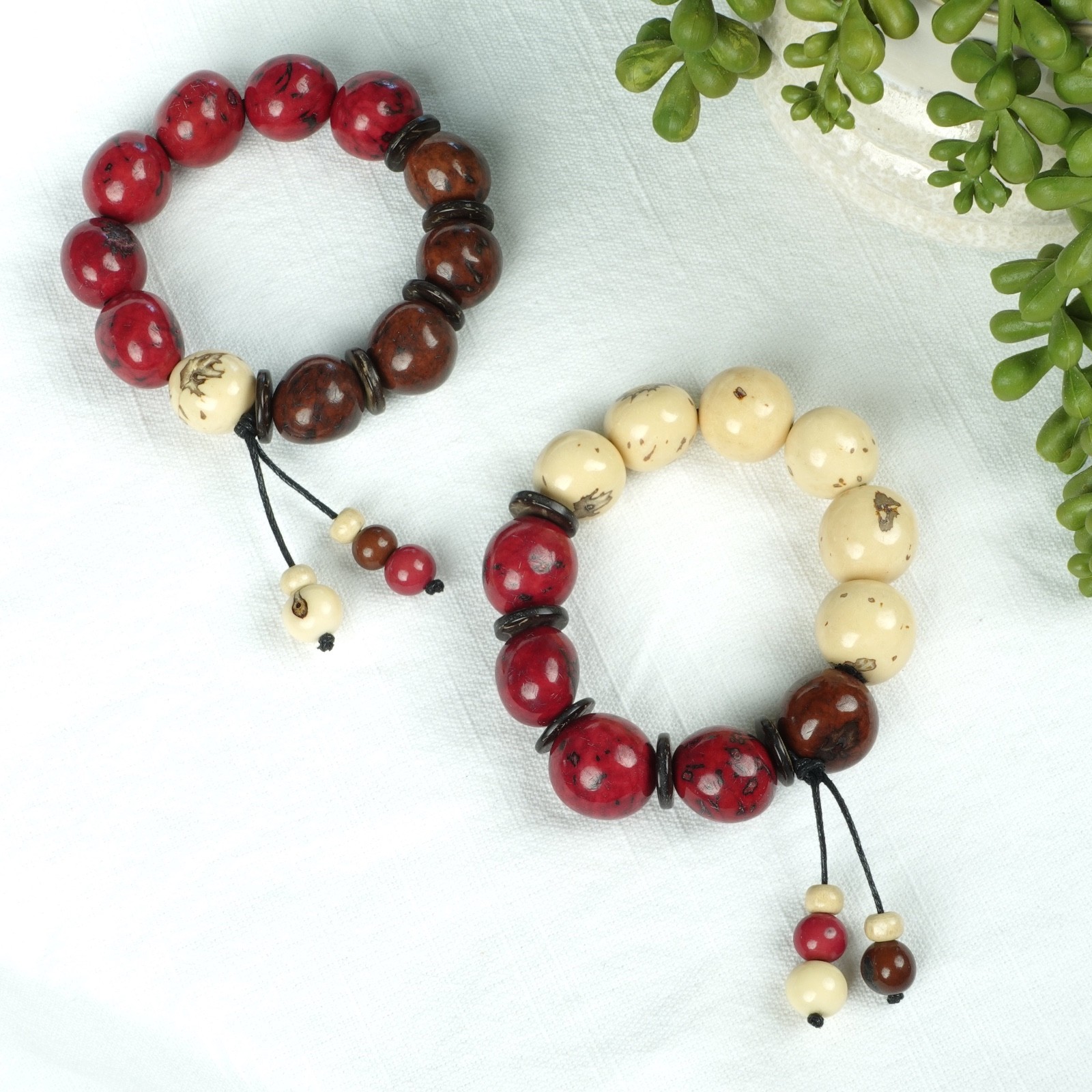 Acai Bracelet Set with Tassel by Tagua Bella cosette ivory brown berry pink