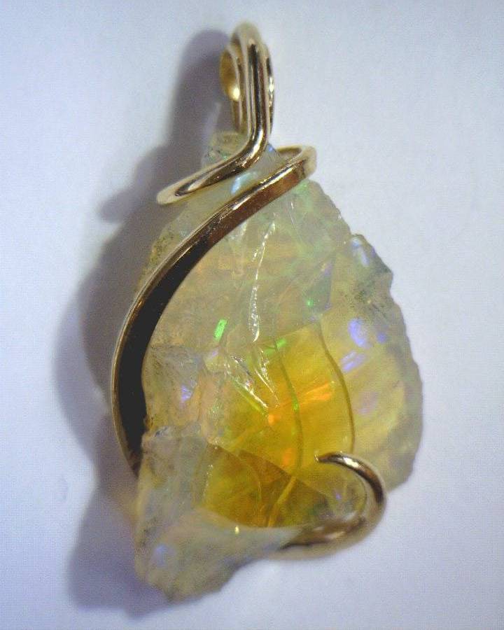 11.41ct Natural African Crystal Opal in 14kt Gold Forged Wire Wrap Art Pendant