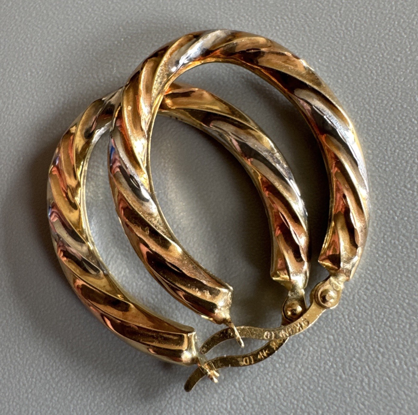9ct Yellow, Rose & White Gold Twist Oval Creole Hoop Earrings 24.7mm Long 0.78g
