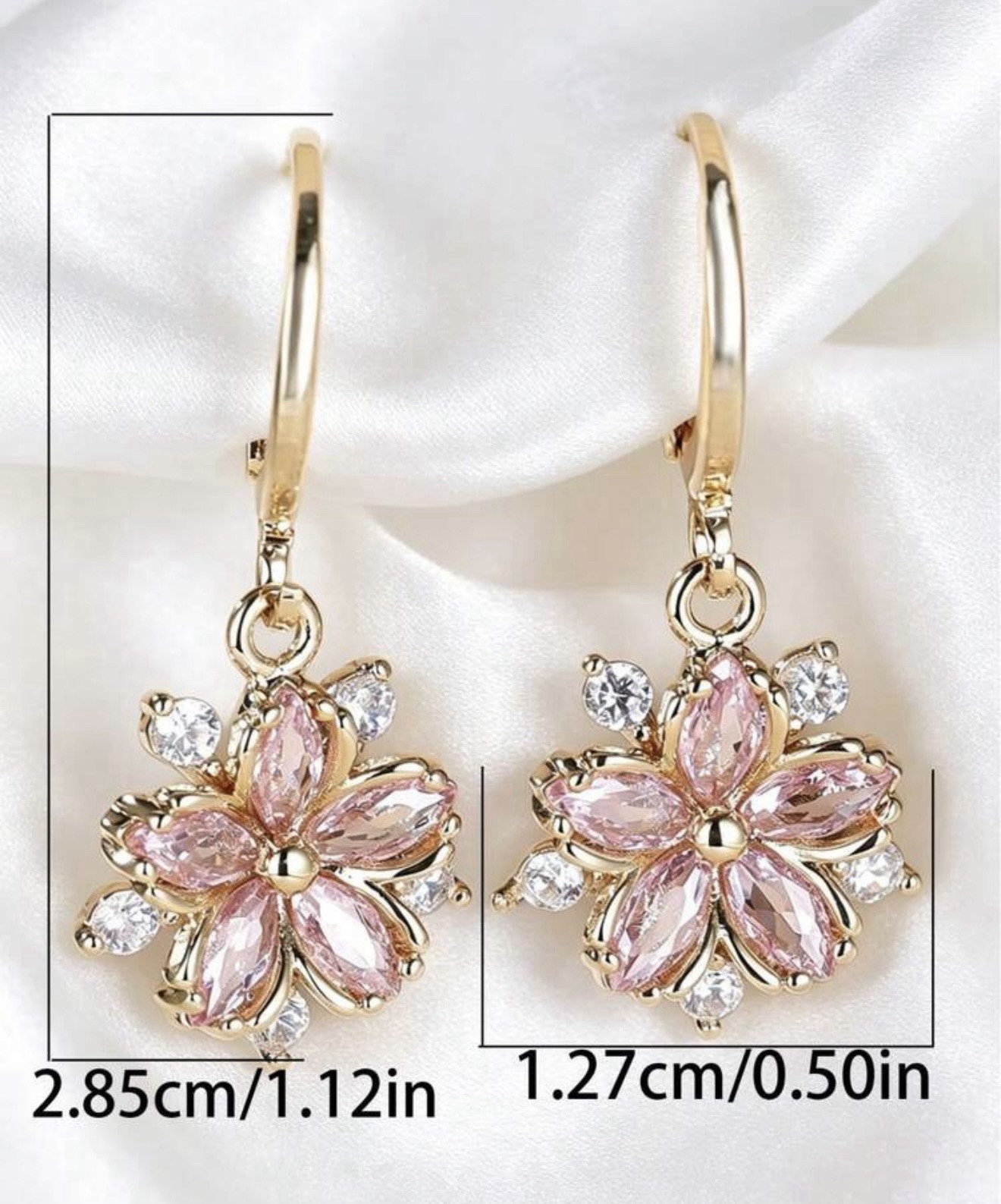 Gold-Tone Flower Pink Simulated Cubic Zirconia Dangle/Drop Leverback Earrings